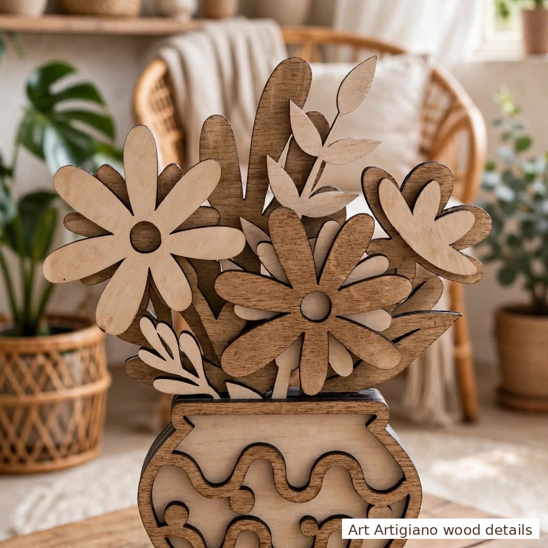 Vaso in legno con fiori a rilievo - immagine 6
