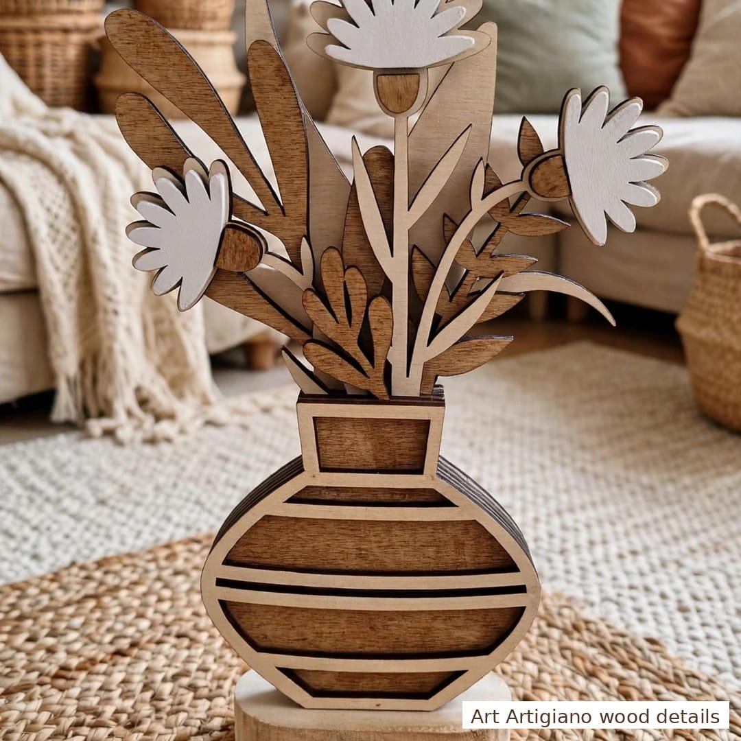 Vaso in legno con fiori a rilievo - immagine 5