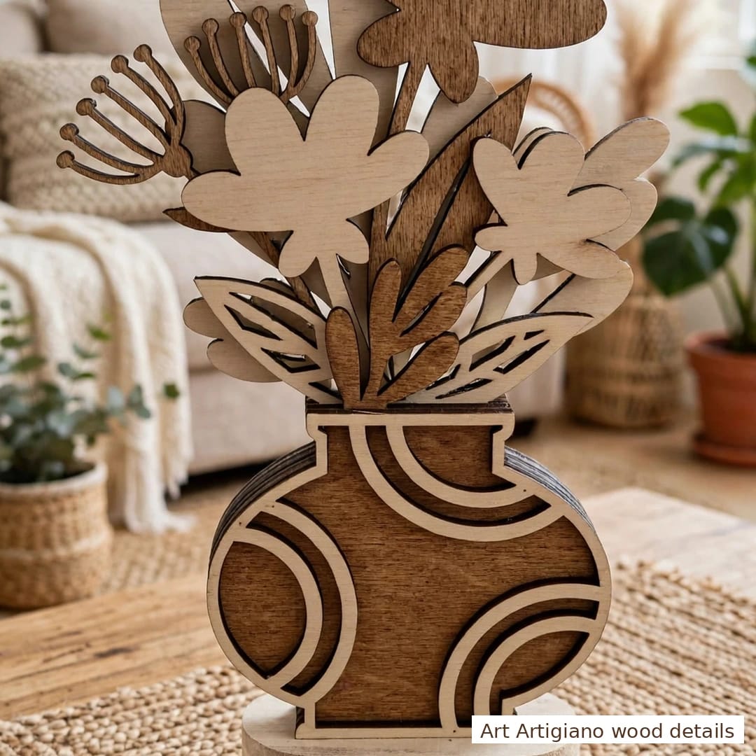 Vaso in legno con fiori a rilievo - immagine 4