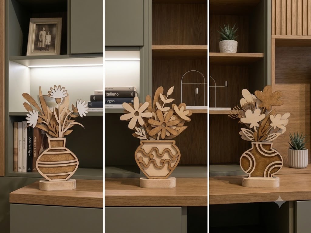 Vaso in legno con fiori a rilievo
