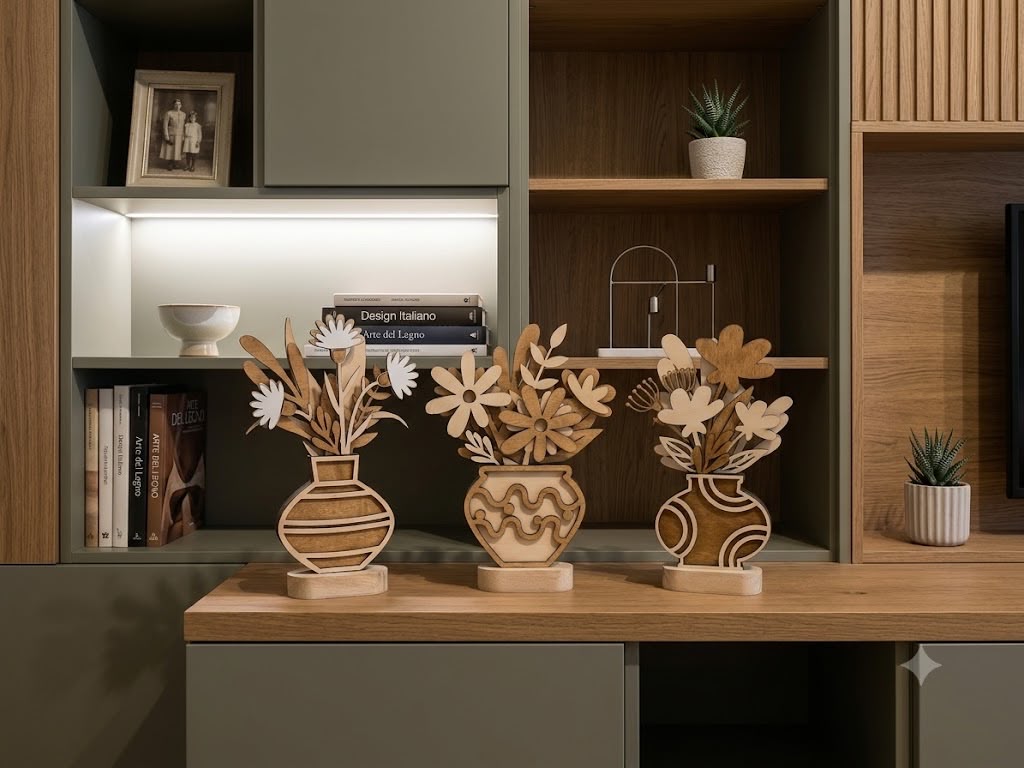 Vaso in legno con fiori a rilievo - immagine 2